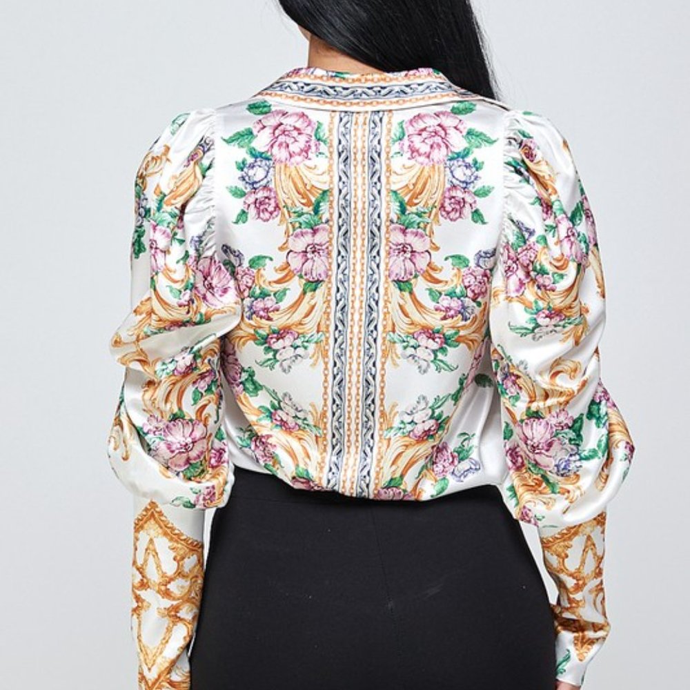 Women's Floral Balloon Sleeve Shirt Blouse - Picture 6 of 8